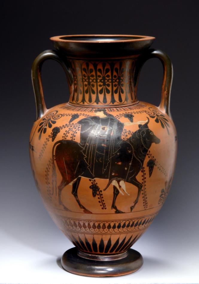 Europa rides the bull Zeus across the sea, holding his horn as he swims toward Crete.