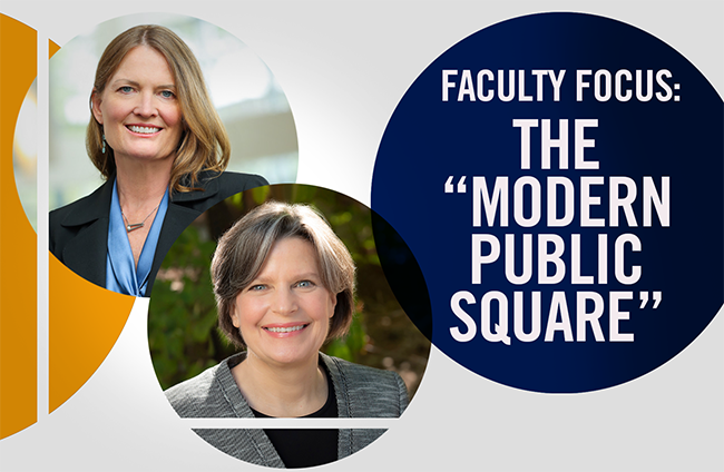 graphic with headshots of martin and ludington and text faculty focus the modern public square