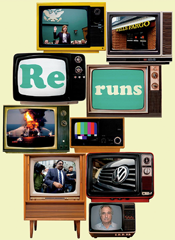 Collage of televisions with images of people and corporations testifying or serving sentences for corporate crimes