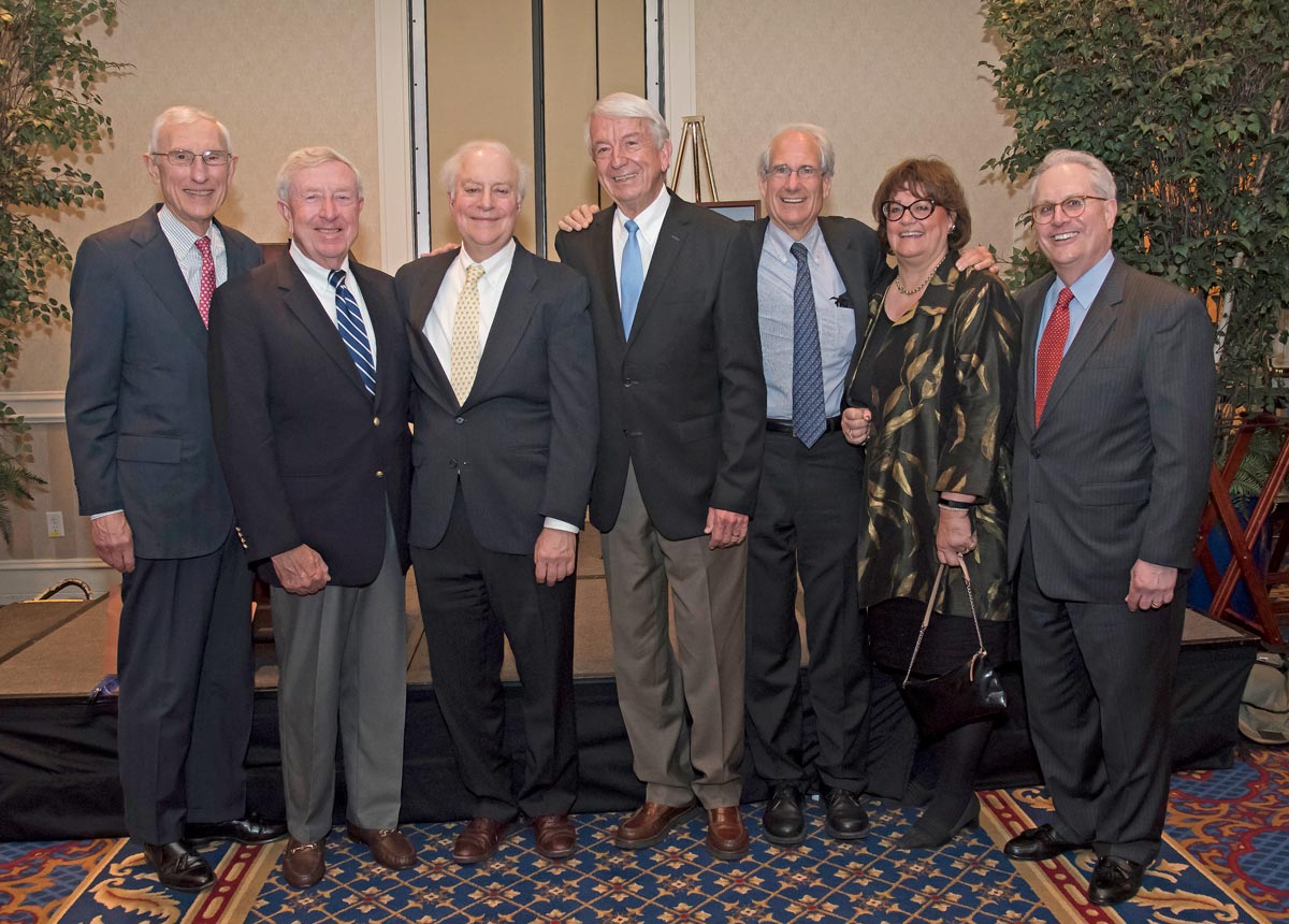 David F. Levi with several current and former chairs of the Law School’s Board of Visitors at the April dinner in his honor. From left: Lanty Smith ’67, George Krouse ’70, Levi, Robert K. (Bob) Montgomery ’64, David Ichel ’78, Susanne Haas LLM ’85, JD ’87 (current chair), and Peter Kahn ’76.