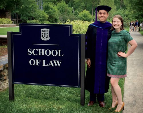 The Newkirks celebrated Zach’s graduation in May 2017 and pose outside of Duke Law School