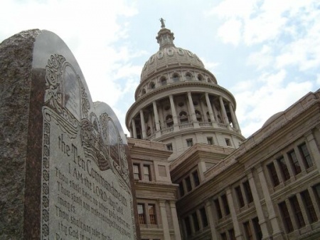 Ten Commandments monument with Texas State Capitol, Texas Capitol Grounds, Austin, TX