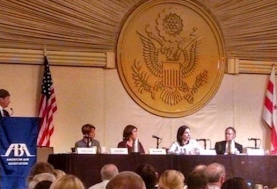Dunlap moderates ABA panel on Law and Future War. Duke Law professor Nita Farahany (2nd from right) addresses audience neuroscience and future war.