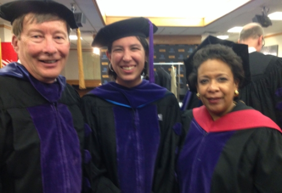 Newly commissioned 2LT Gabs Lucero (center) was the JD student speaker at Duke Law's hooding ceremony on May 12, 2017, which also featured guest speaker Loretta Lynch.