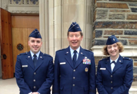 On May 13th Professor (Maj Gen, USAF (Ret.)) commissioned two former students: 2nd Lt Logan Myrick, NCCU Law '16, and 2nd Lt Emily Johnson, Duke Law '16.  Lt. Myrick took his national security law-related courses at Duke under the cross-registration agreement with North Carolina Central University School of Law.