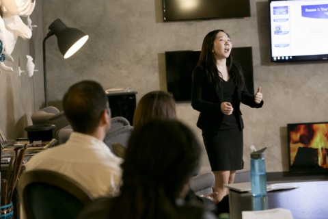 Student presenting to entrepreneurs