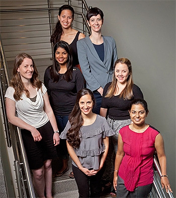 Clockwise from left: Emily Spiegel ’14; Sitara Witanachchi  (center) ’14; Chelsea O’Donnell ’14; Clinical Professor Jayne Huckerby; Isabella Bellera ’14; Prerna Dhoop LLM ’14; Laura Ramirez  LLM ’14