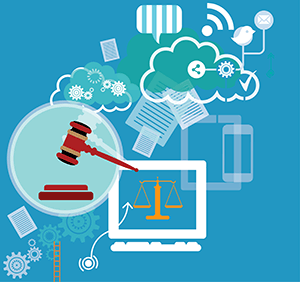 Illustration of computer with scales of justice, cloud computing, and technology icons